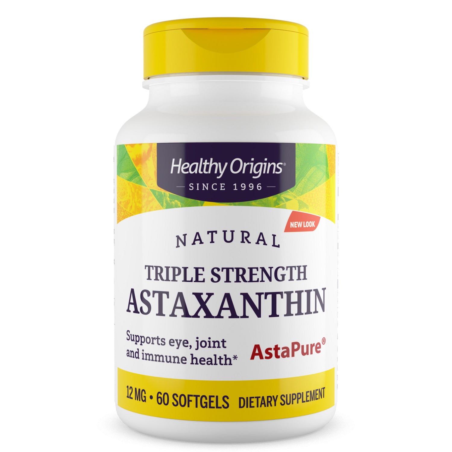 HRG053 | White bottle of Healthy Origins Triple Strength Astaxanthin 12 mg 60 softgels front label
