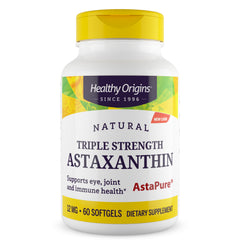 HRG053 | White bottle of Healthy Origins Triple Strength Astaxanthin 12 mg 60 softgels front label
