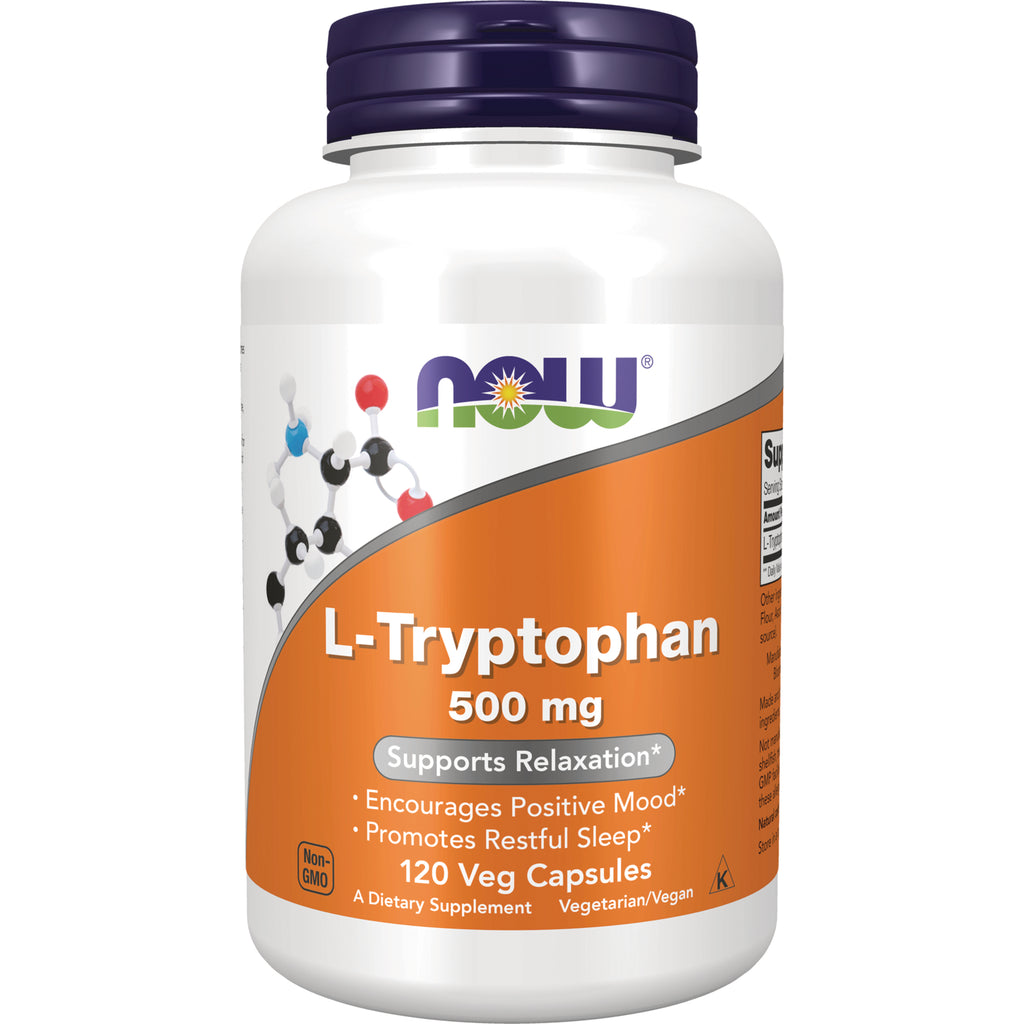 NWF900 | NOW L-Tryptophan 500 mg supplement bottle with orange label, 120 Veg Capsules - Thumbnail