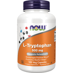 NWF900 | NOW L-Tryptophan 500 mg supplement bottle with orange label, 120 Veg Capsules