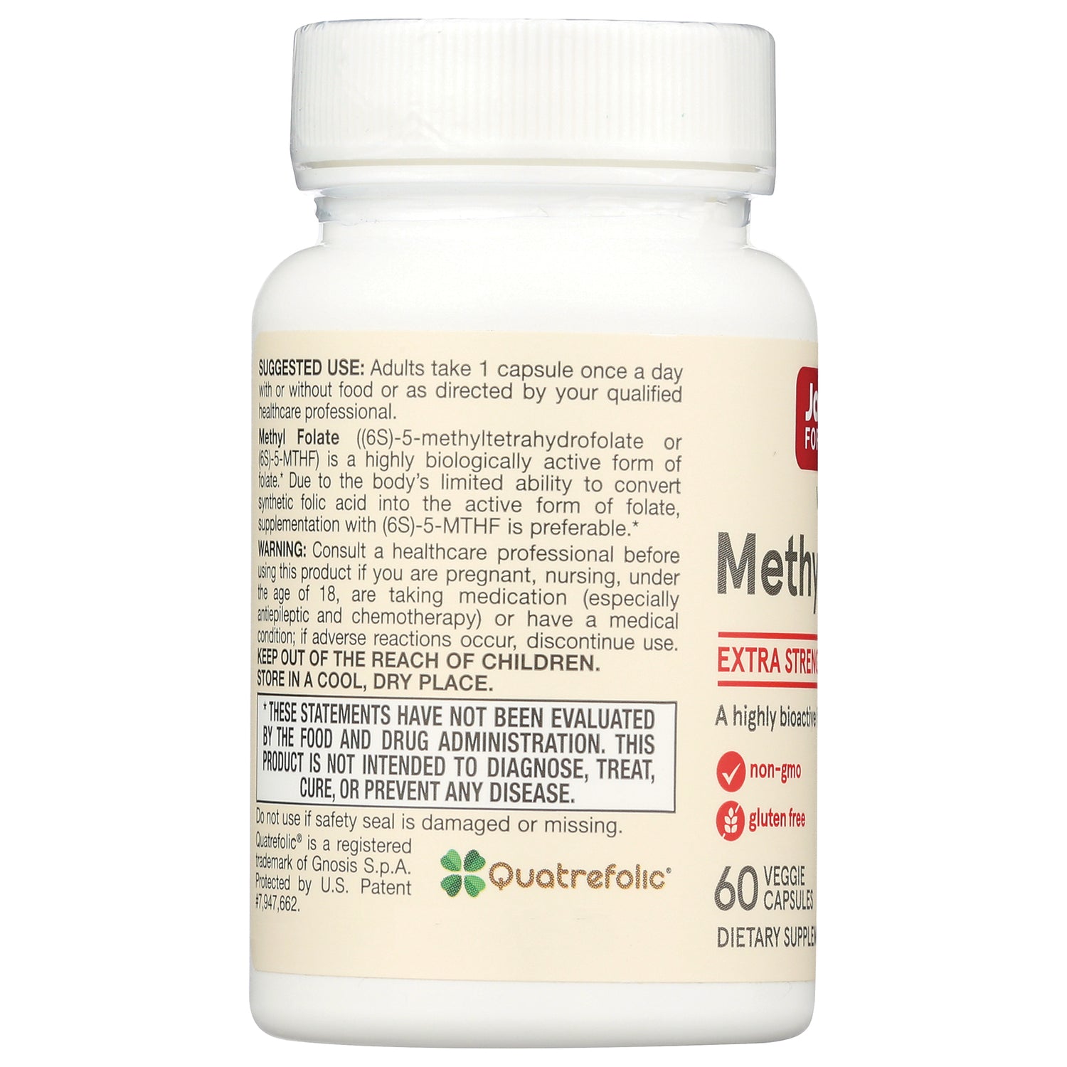 JR240 | back label of white supplement bottle showing suggested use, warnings, and FDA disclaimer