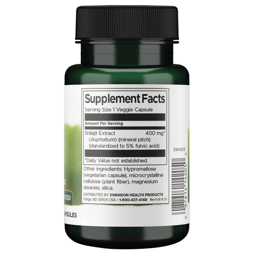 SWH205 | Back label with Supplement Facts for Shilajit Extract 400 mg, veggie capsule, ingredients and barcode - Thumbnail