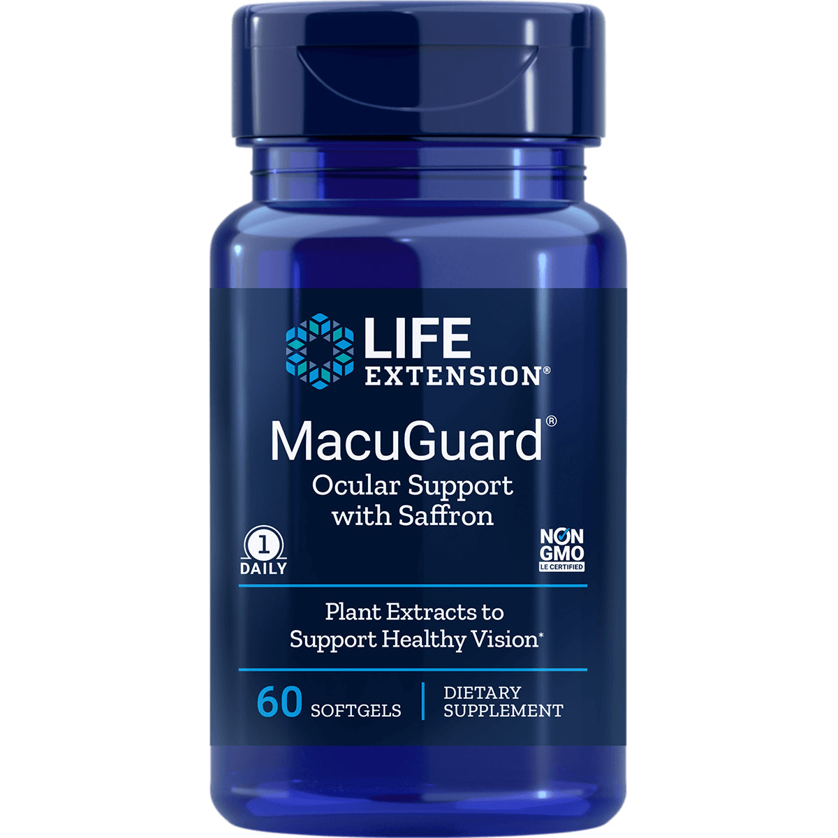 LE401 | Blue Life Extension MacuGuard bottle labeled Ocular Support with Saffron, 60 softgels dietary supplement