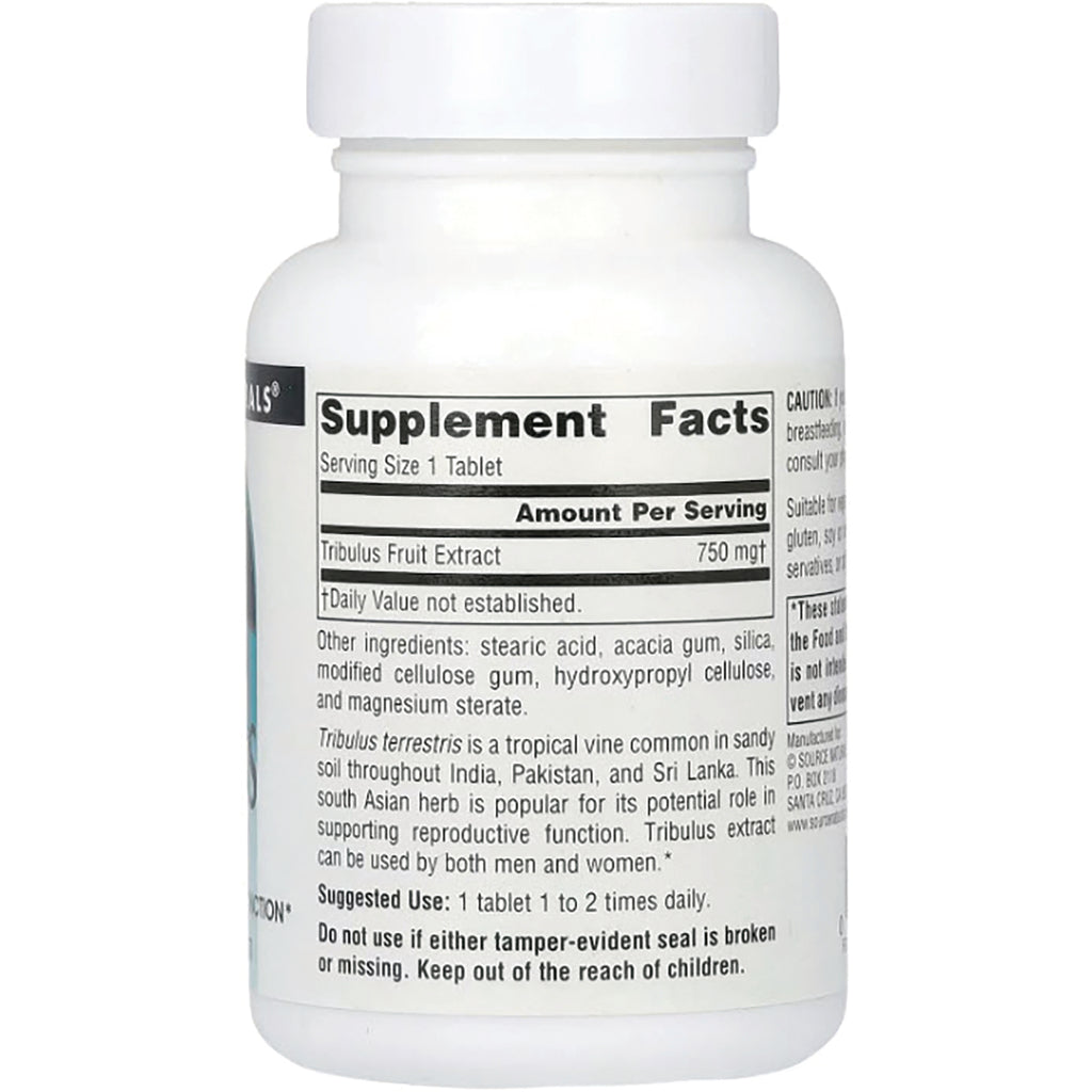 SN496 | Back label with Supplement Facts for Tribulus Fruit Extract 750 mg, serving size 1 tablet - Thumbnail