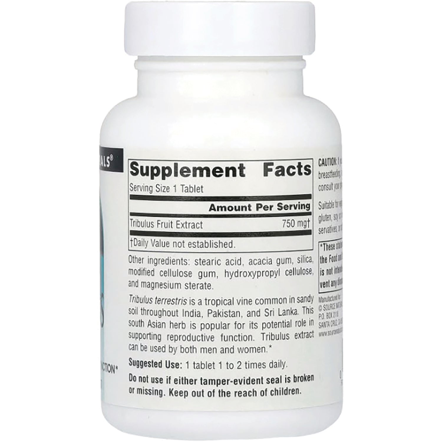 SN496 | Back label with Supplement Facts for Tribulus Fruit Extract 750 mg, serving size 1 tablet