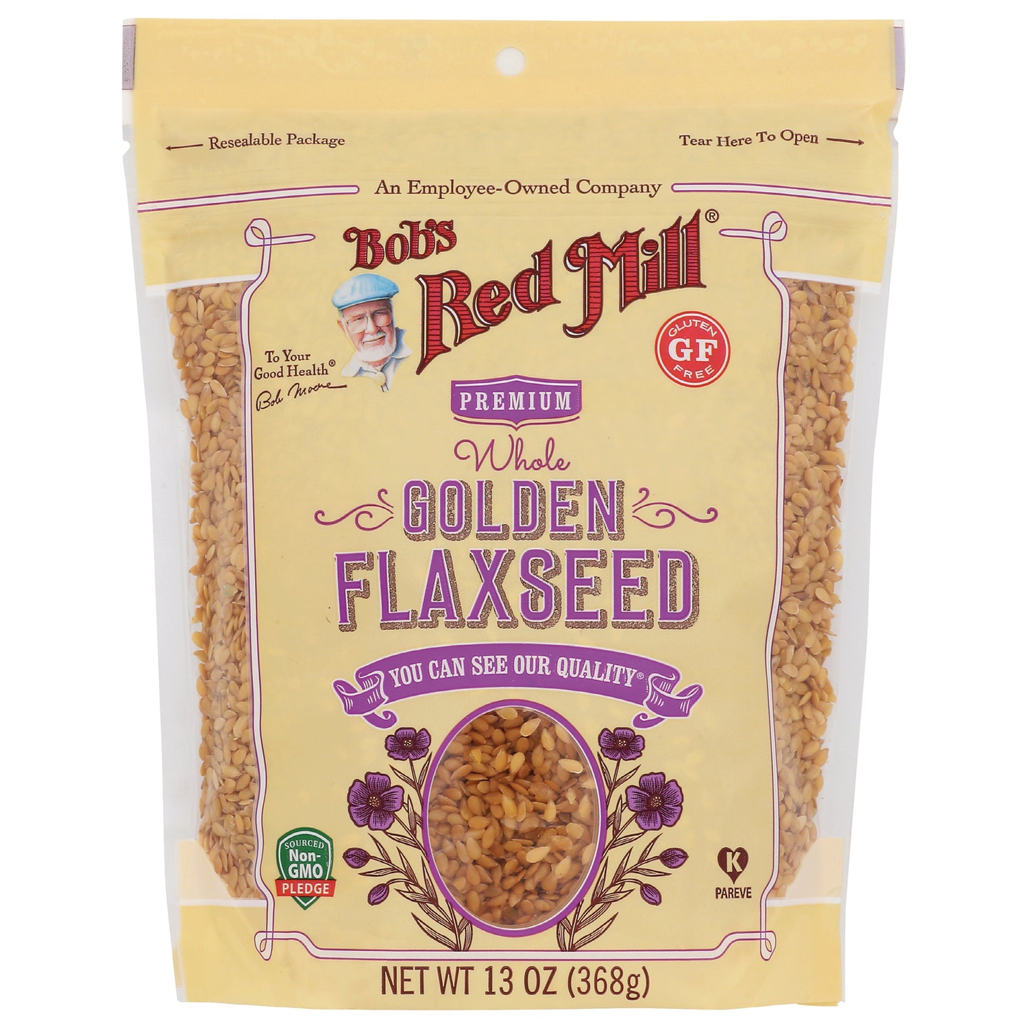 BOB255 | Bob's Red Mill premium whole golden flaxseed 13 oz resealable pouch front packaging with product window