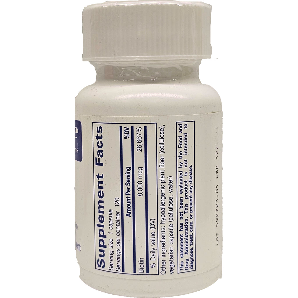 PRN005 | bottle back showing Supplement Facts panel listing Biotin 8,000 mcg and other ingredients - Thumbnail