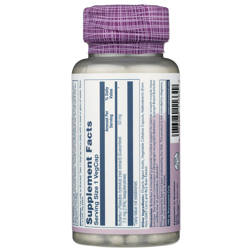 SLR444 | Back label showing Supplement Facts, serving size 1 VegCap, butterbur 50 mg, and barcode - Thumbnail