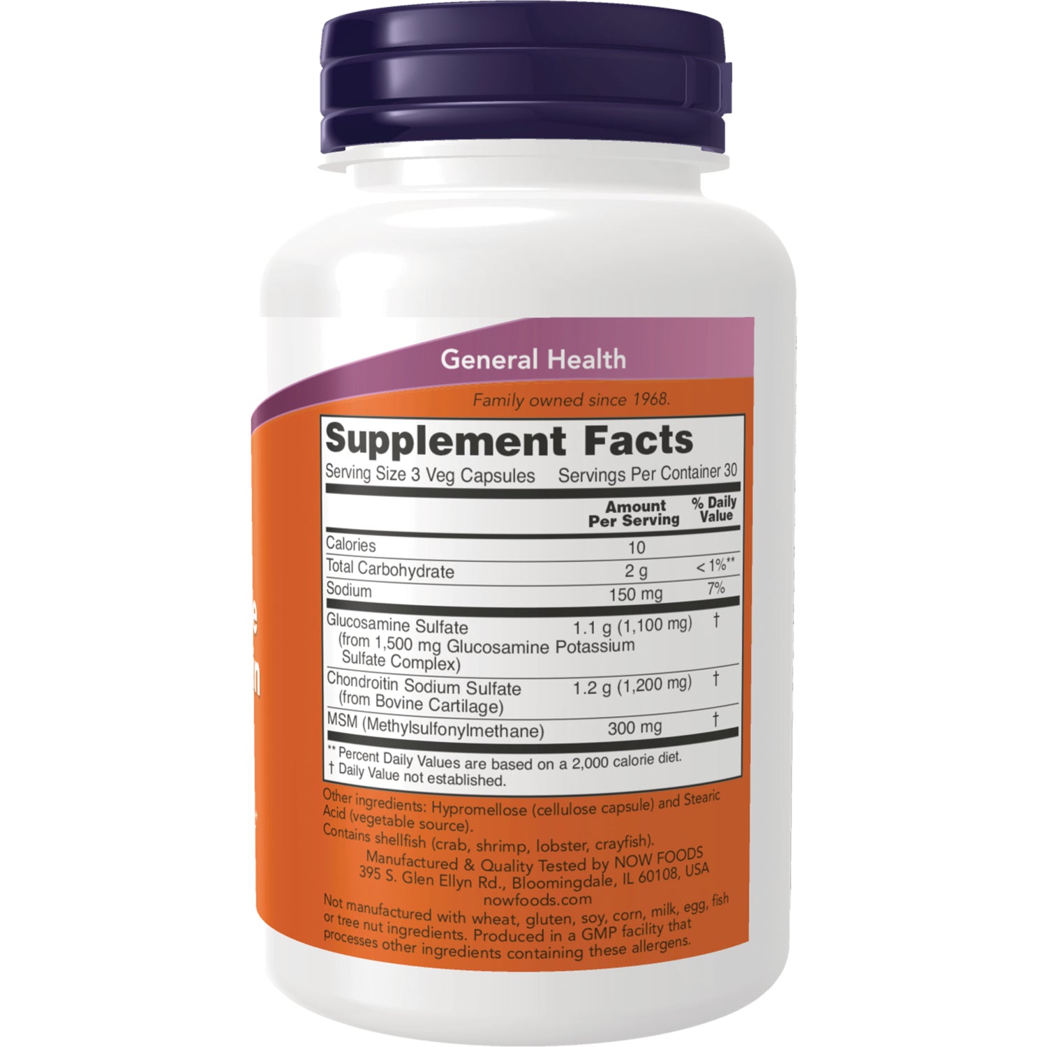 NWF051 | Back label showing Supplement Facts and ingredient panel listing glucosamine sulfate, chondroitin, and MSM