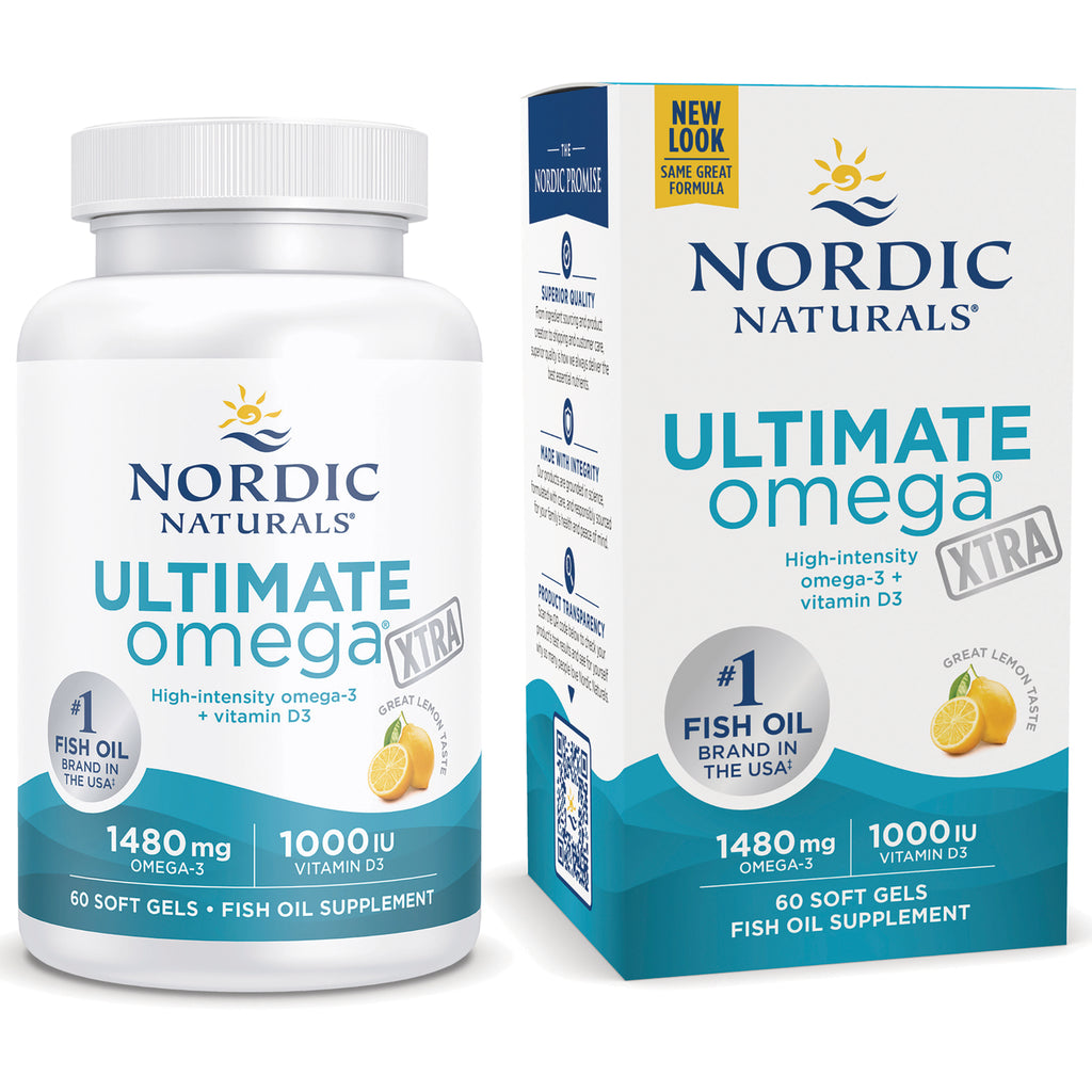 NRN044 | Nordic Naturals Ultimate Omega XTRA bottle and box, 60 soft gels, 1480 mg omega-3 and 1000 IU vitamin D3 - Thumbnail