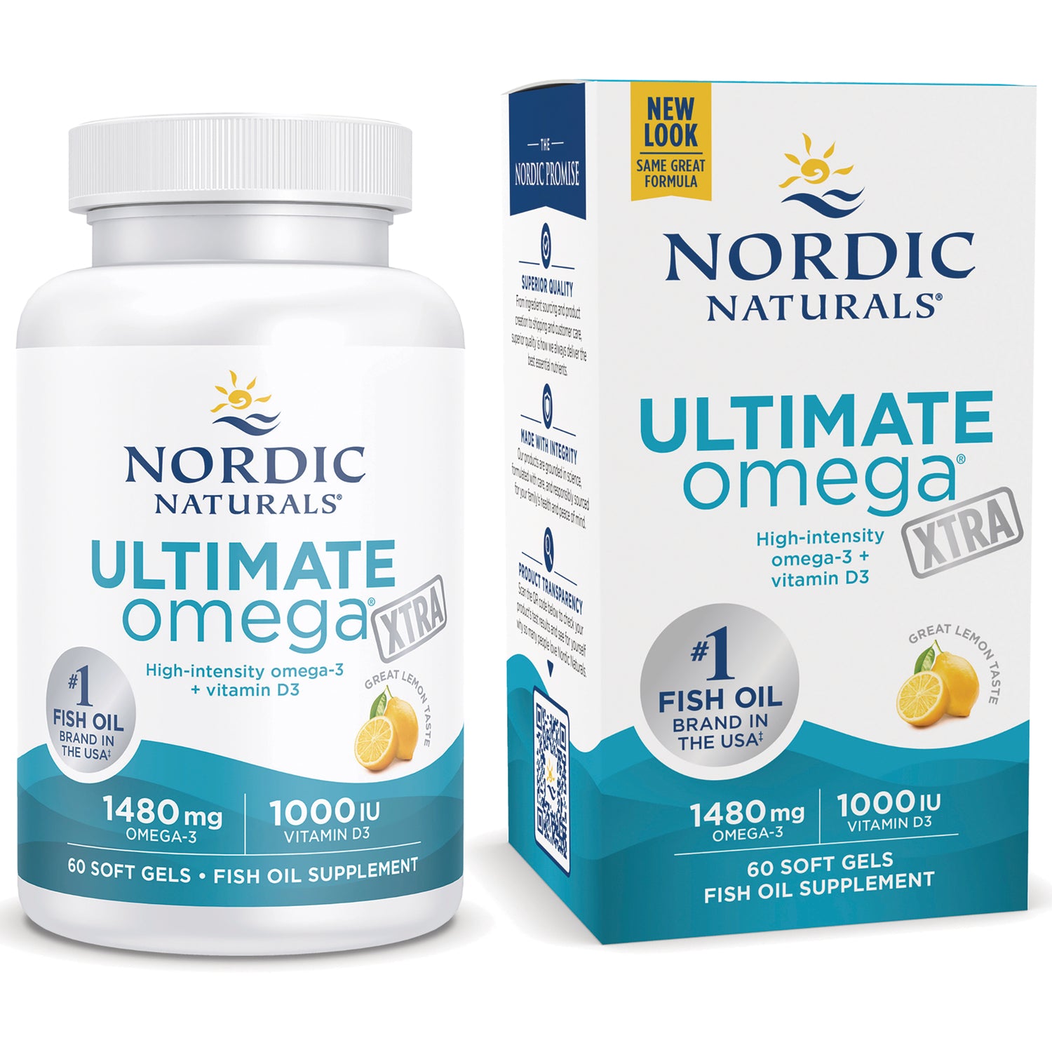 NRN044 | Nordic Naturals Ultimate Omega XTRA bottle and box, 60 soft gels, 1480 mg omega-3 and 1000 IU vitamin D3