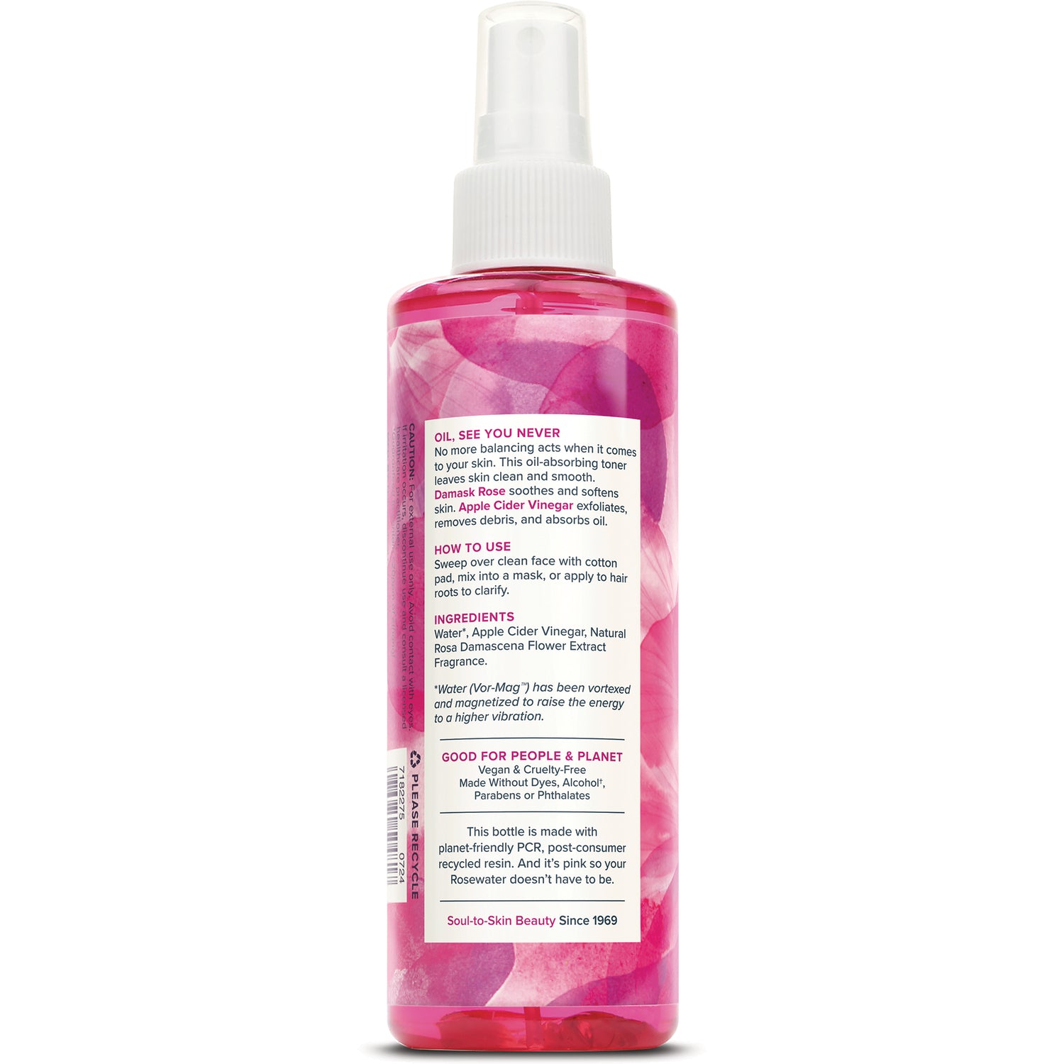 HTG110 | back label of pink spray bottle with ingredients, how to use directions, and recycling info