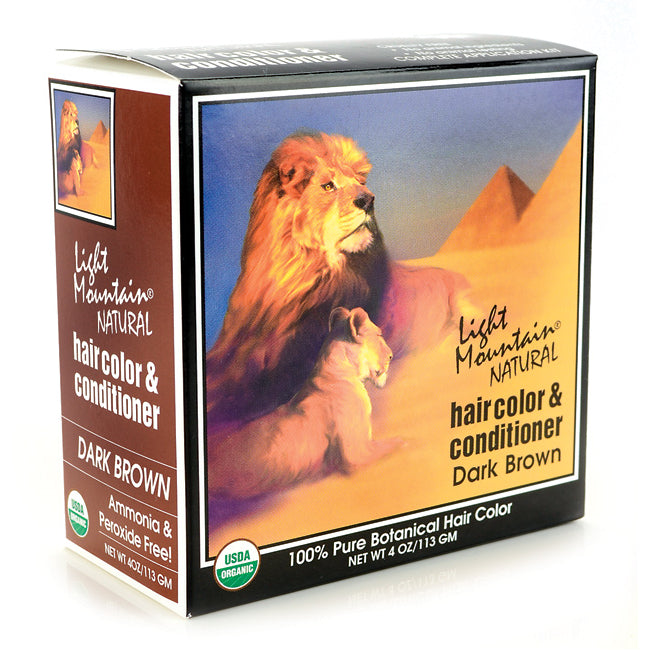 LTM011 | Light Mountain Natural hair color & conditioner box Dark Brown with lion illustration and USDA Organic seal