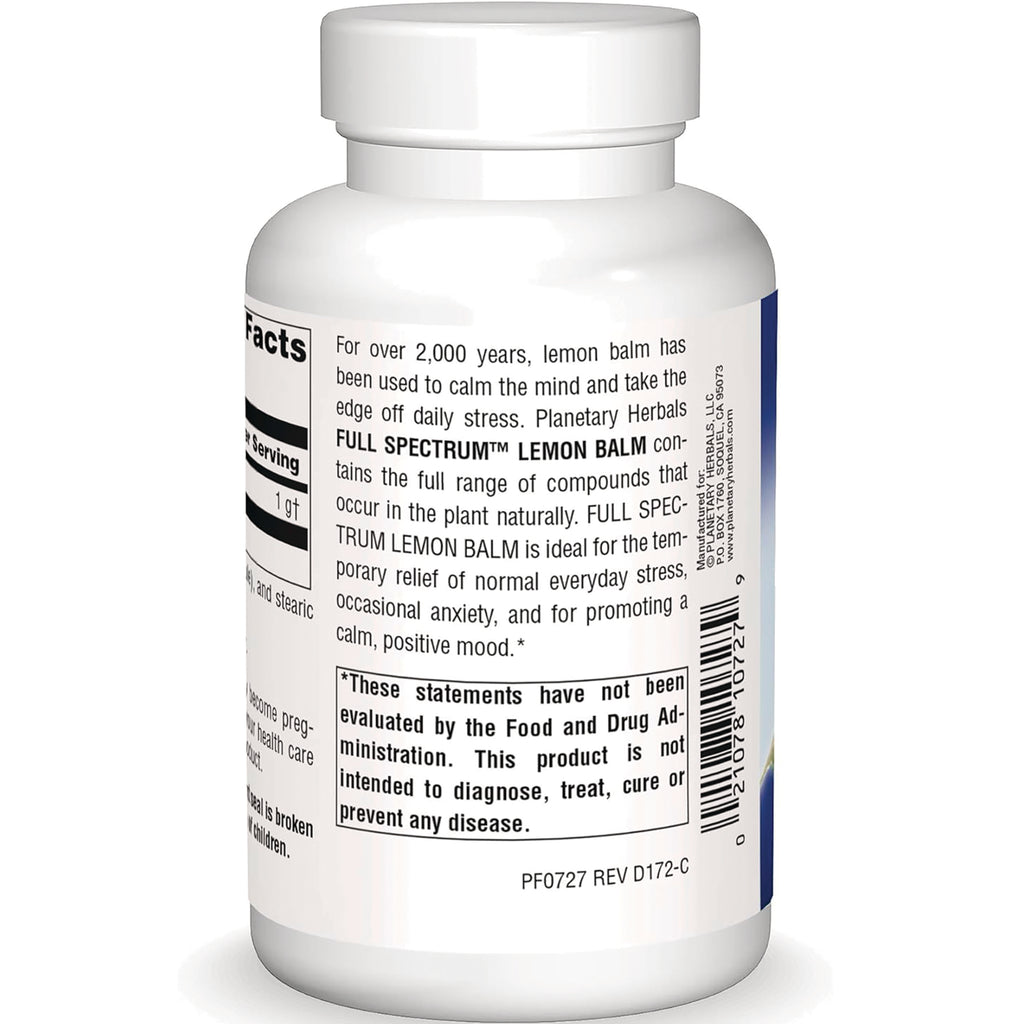 PF200 | back label of white supplement bottle showing lemon balm description, FDA disclaimer, and partial supplement facts - Thumbnail