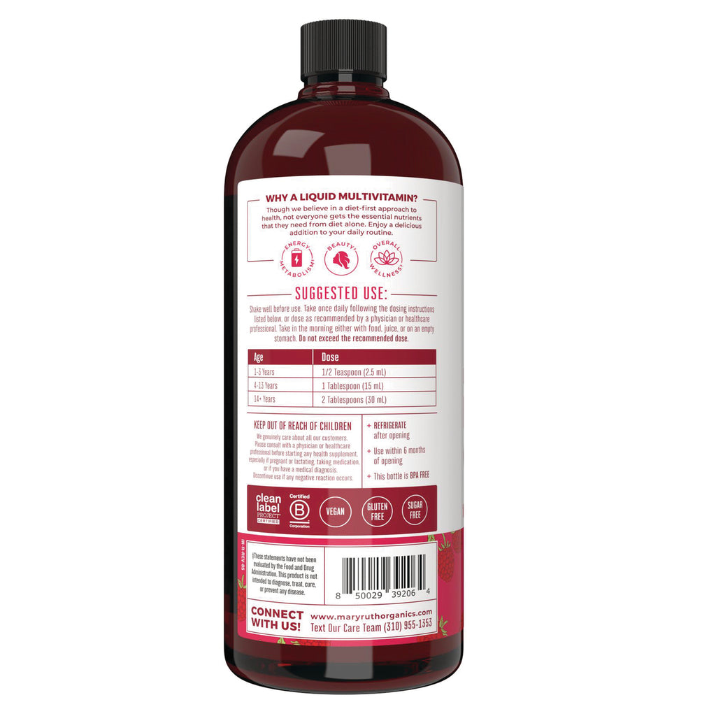 MRR018 | Back label of liquid multivitamin bottle showing suggested use, dosing chart, icons, and barcode - Thumbnail