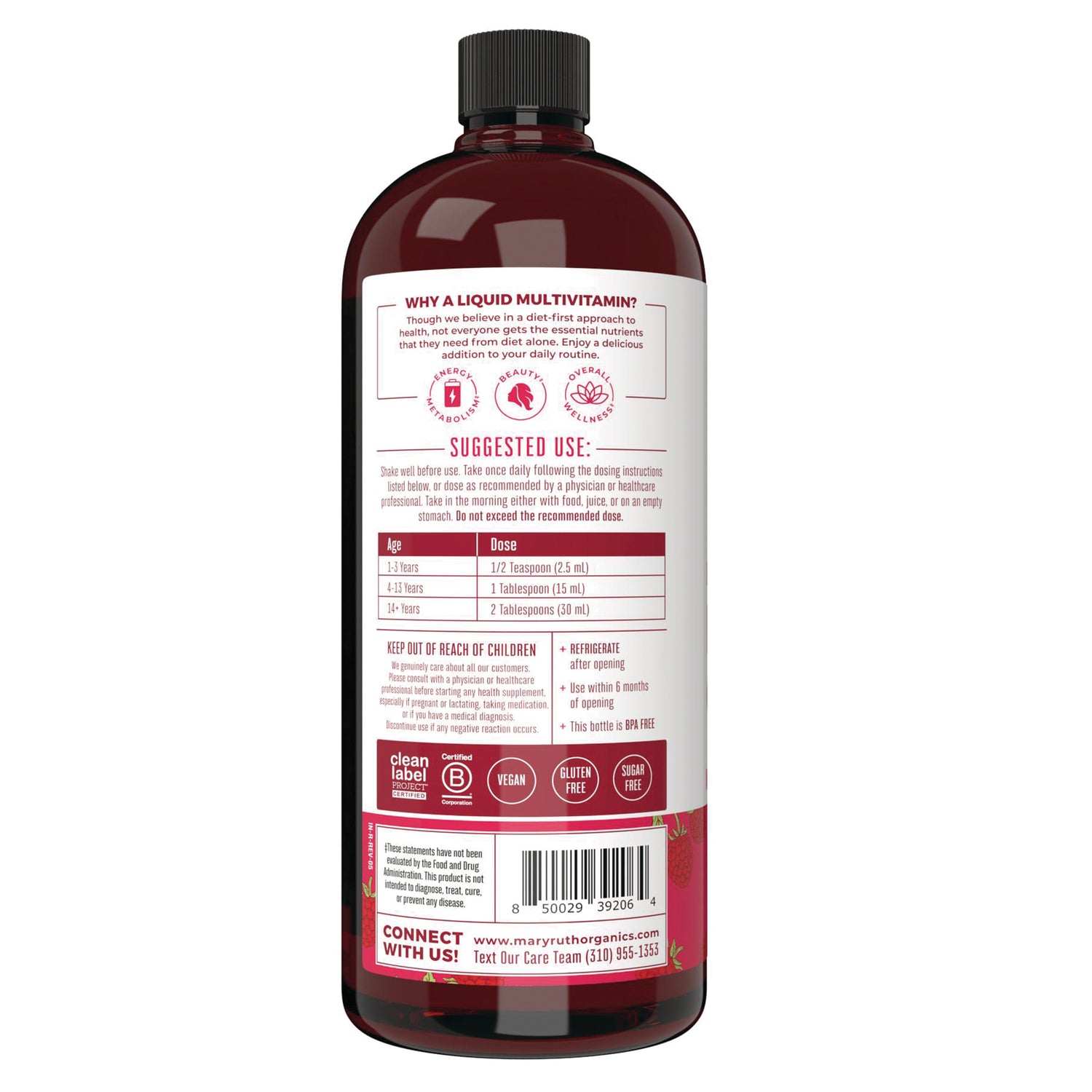 MRR018 | Back label of liquid multivitamin bottle showing suggested use, dosing chart, icons, and barcode