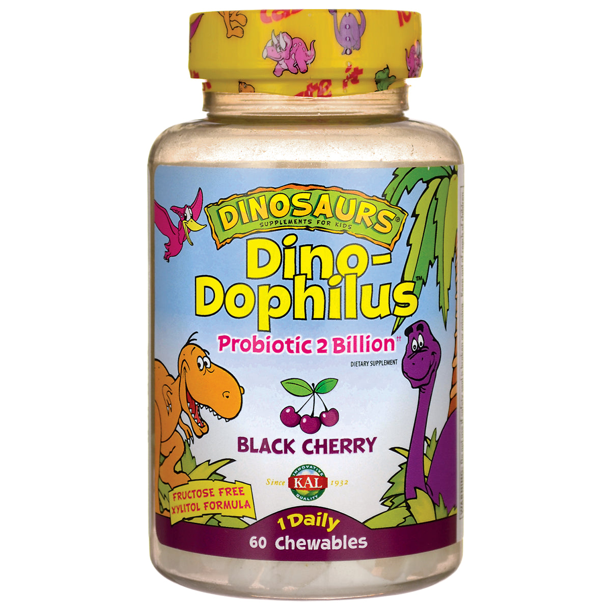 KL521 | Dino-Dophilus Black Cherry probiotic chewables bottle showing front label, 60 count
