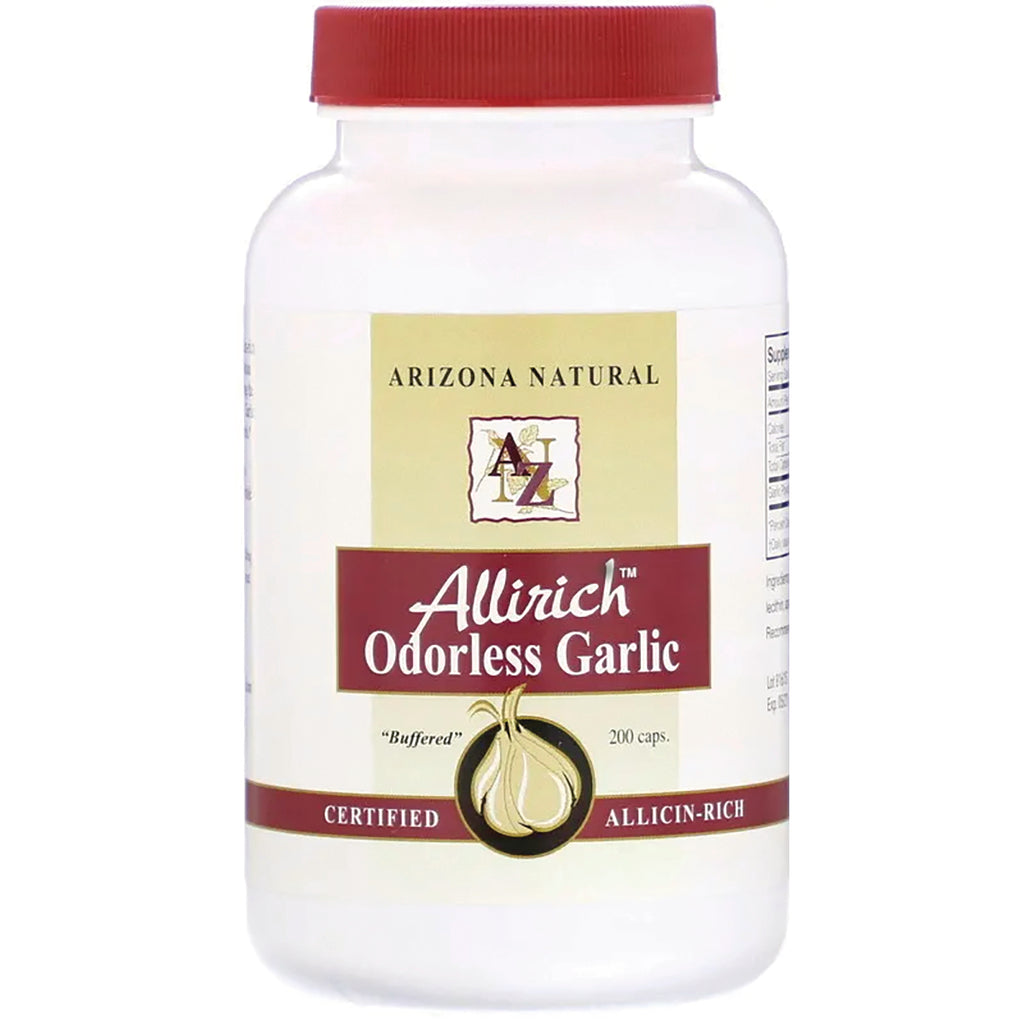 AN026 | Arizona Natural Allirich Odorless Garlic supplement bottle, 200 caps, white bottle with red label and cap - Thumbnail