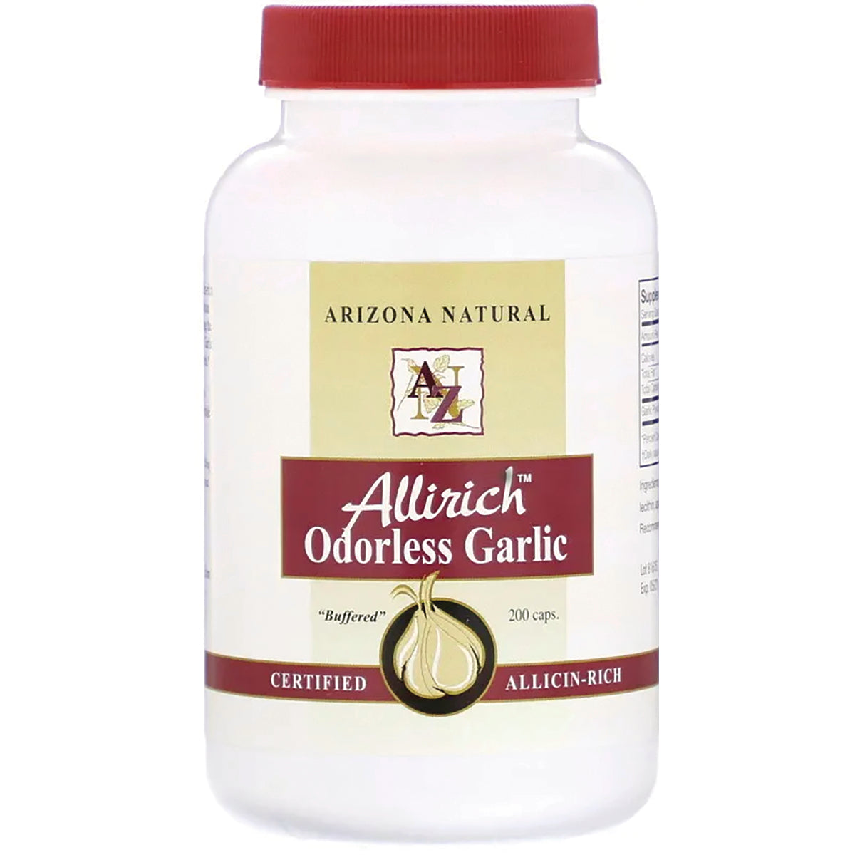 AN026 | Arizona Natural Allirich Odorless Garlic supplement bottle, 200 caps, white bottle with red label and cap