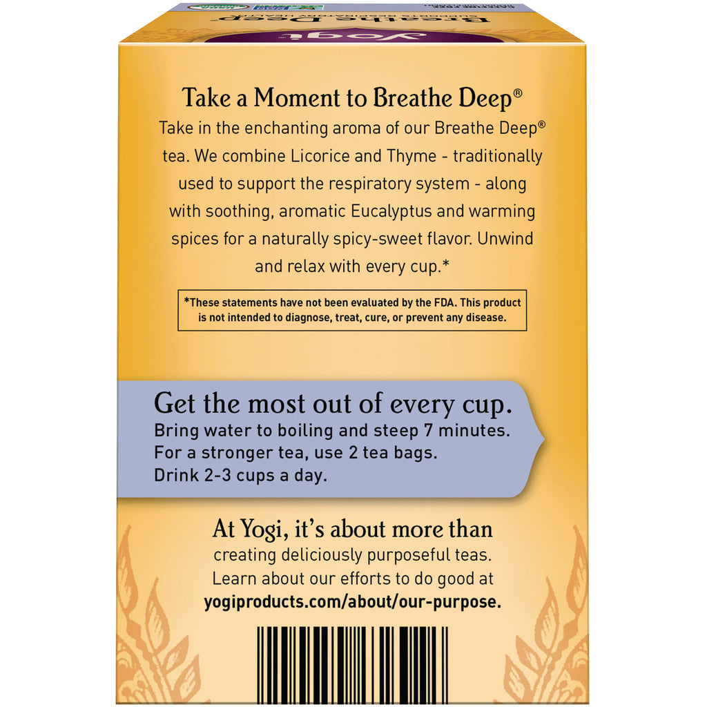 AHW047 | Back of Yogi Breathe Deep tea box with brewing directions and product description - Thumbnail