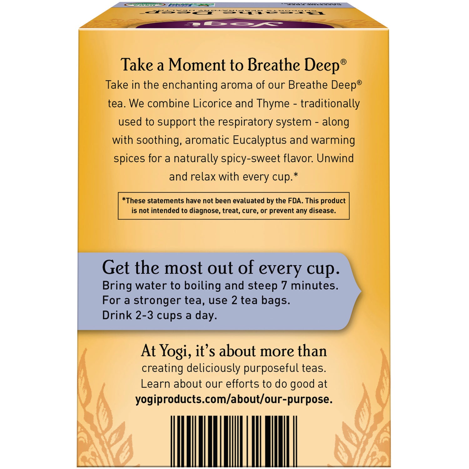 AHW047 | Back of Yogi Breathe Deep tea box with brewing directions and product description