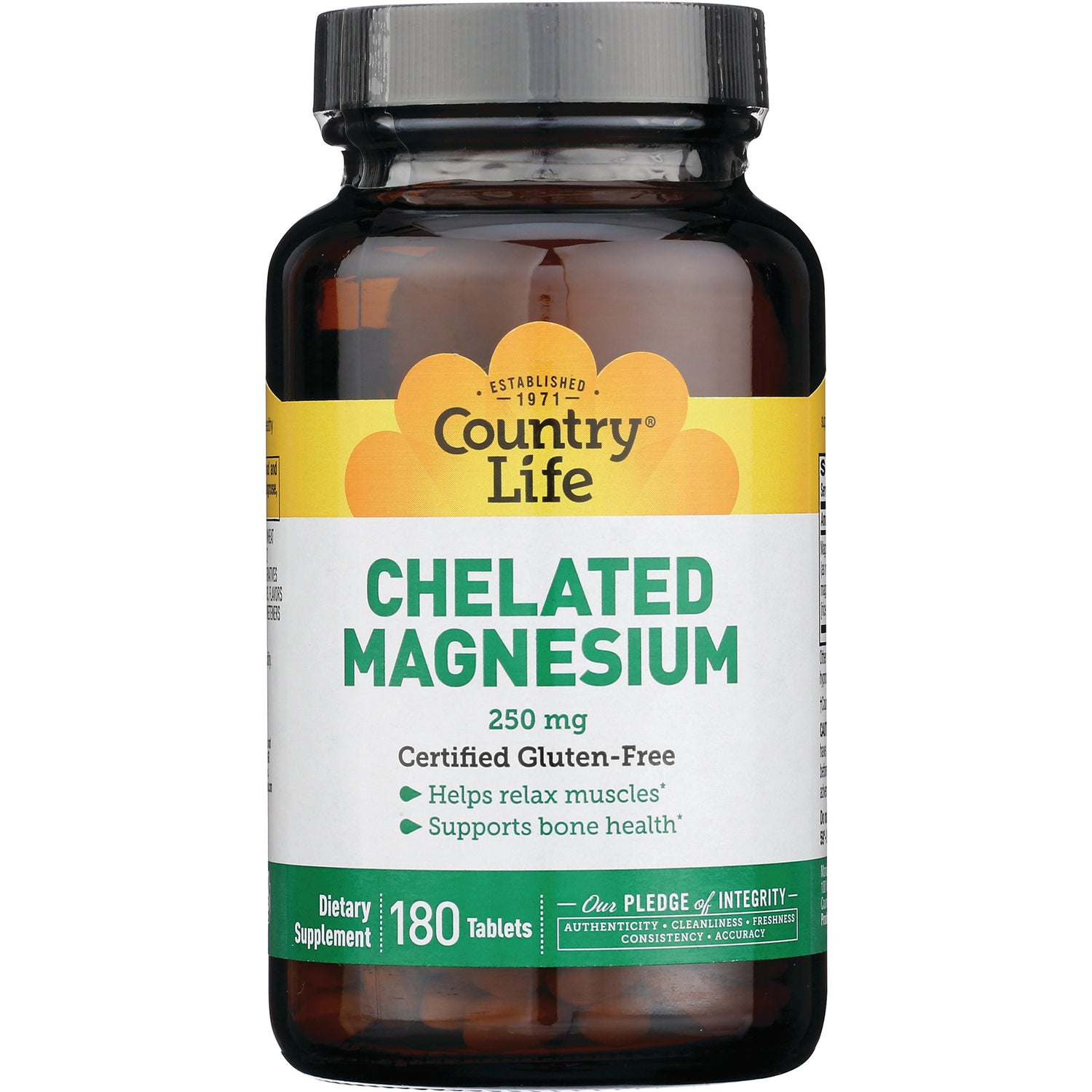 CRL203 | Country Life Chelated Magnesium 250 mg bottle, 180 tablets front label