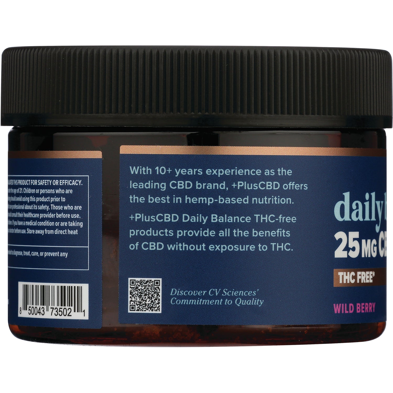 CV049 | jar side label reading Daily Balance 25 MG CBD, THC FREE, Wild Berry with text about hemp-based nutrition