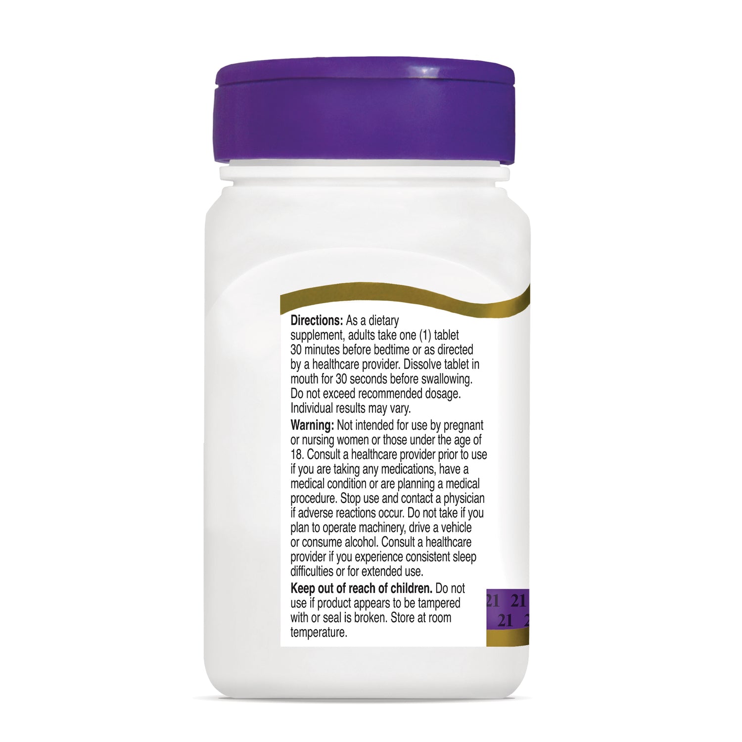 CNT293 | Back label with directions, warnings, and storage information on white bottle with purple cap