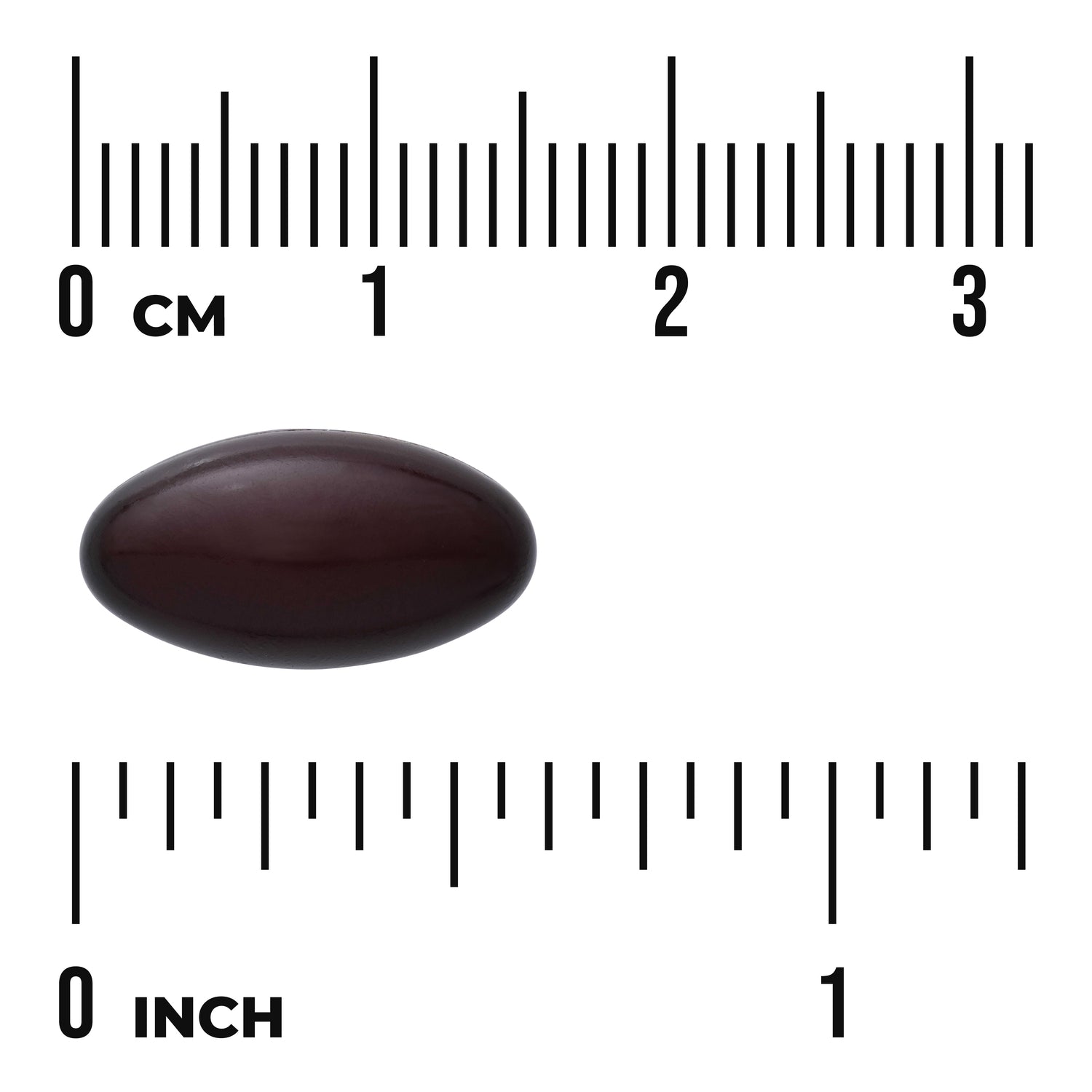 SWU819 | Dark oval softgel shown with size scale in cm and inches