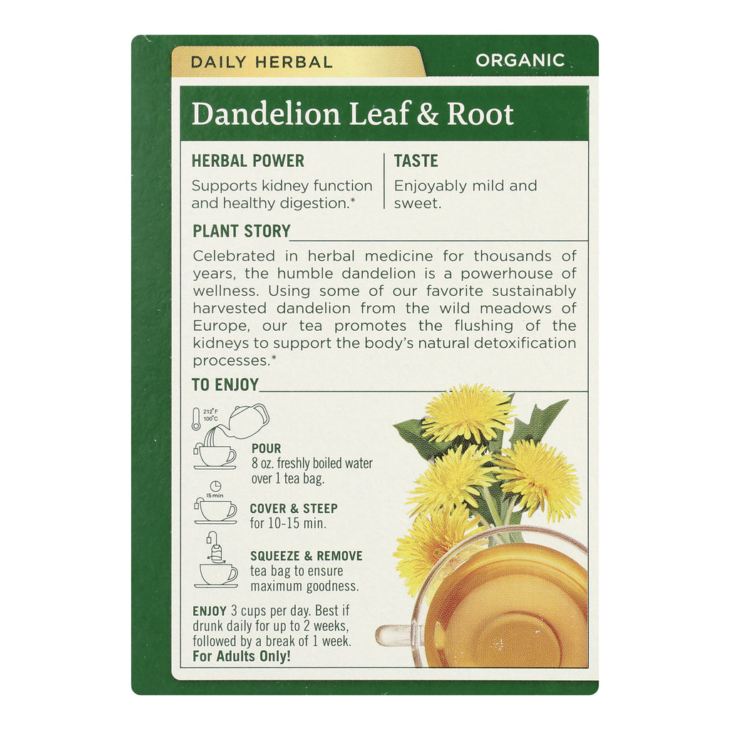 TMD047 | Back panel of Dandelion Leaf & Root organic herbal tea with brewing directions and dandelion illustration - Thumbnail
