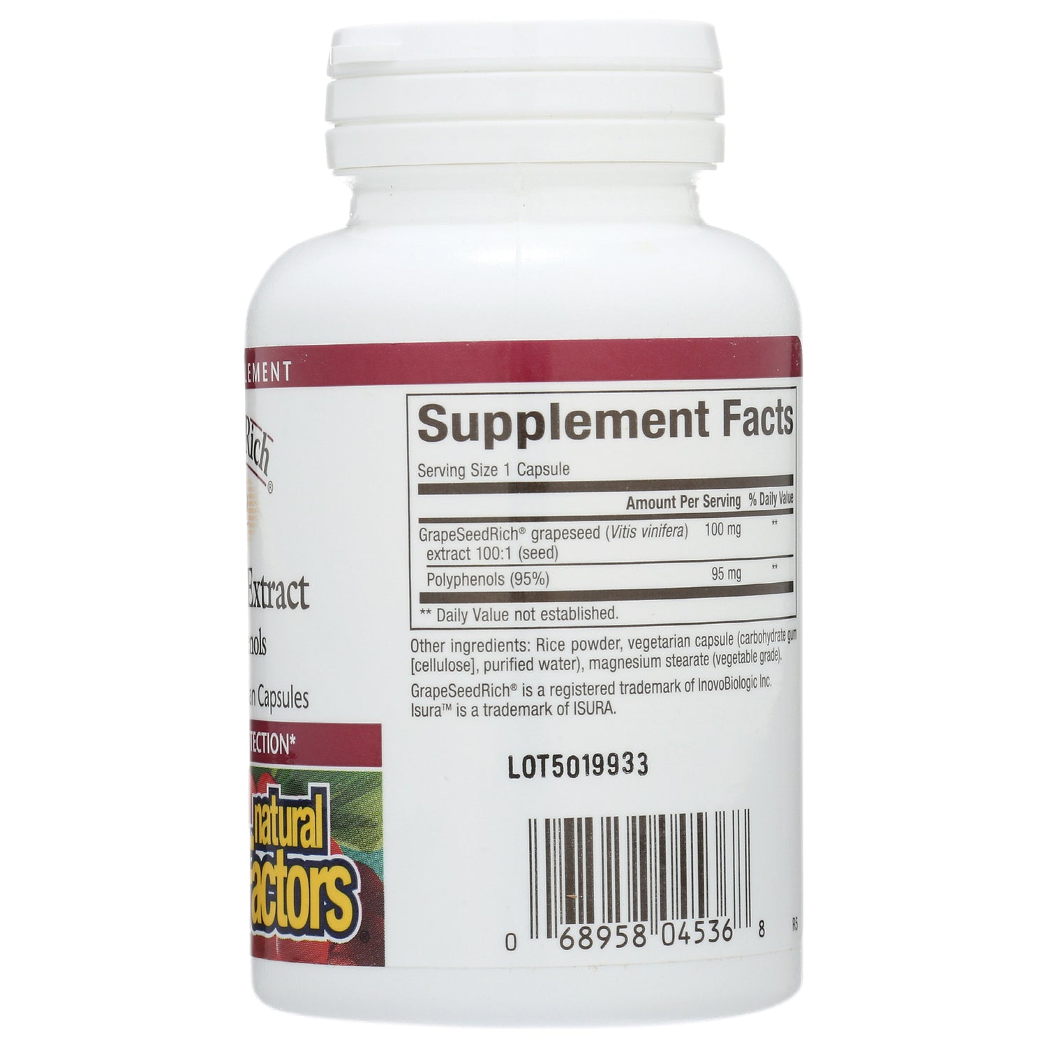 NFC043 | Back of white supplement bottle showing Supplement Facts panel, ingredients list, LOT5019933 and barcode