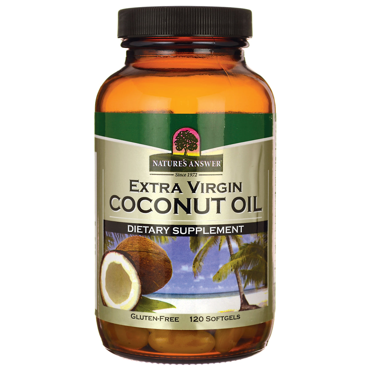NAT152 | Amber bottle of Nature's Answer Extra Virgin Coconut Oil dietary supplement label with coconut and palm image