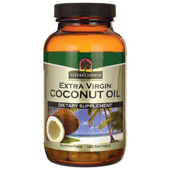 NAT152 | Amber bottle of Nature's Answer Extra Virgin Coconut Oil dietary supplement label with coconut and palm image