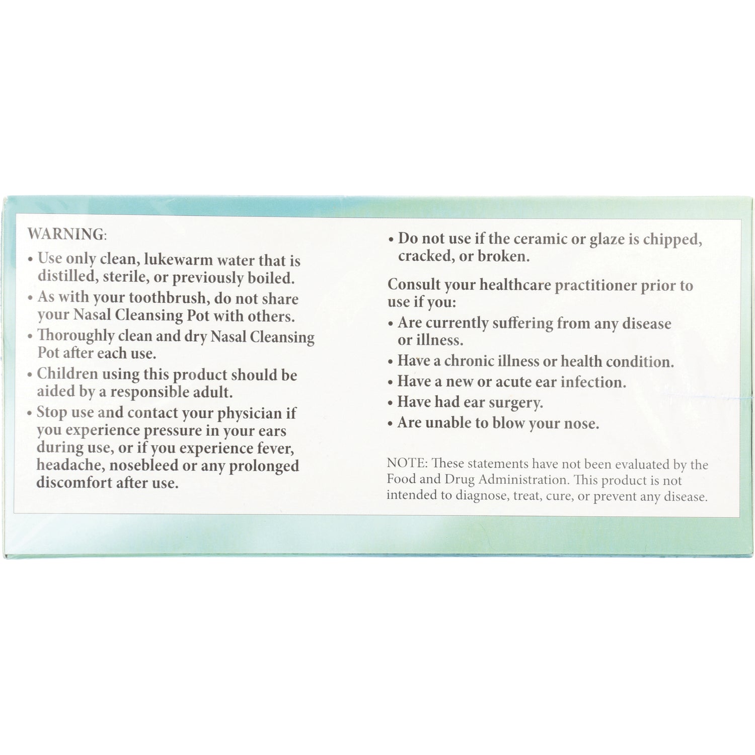 NRL001 | Back of product box showing WARNING, safety and consultation instructions for nasal cleansing pot
