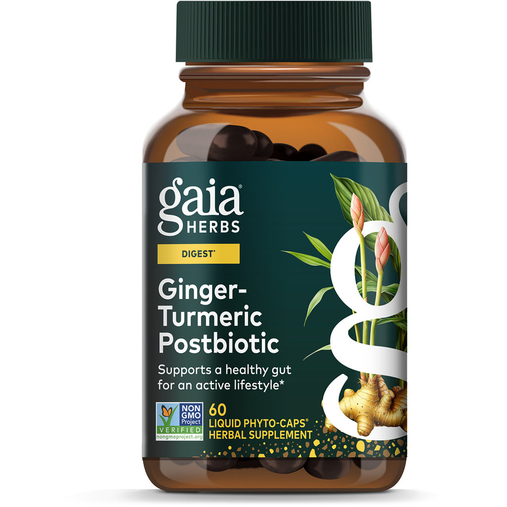 GH165 | Gaia Herbs Ginger-Turmeric Postbiotic front box showing product name from fermented ginger and turmeric, 60 vegan liquid phyto-caps - Thumbnail