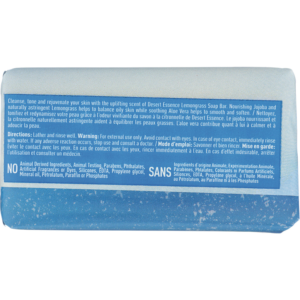 Back label of blue soap bar wrapper showing directions, warning and ingredients list including NO animal derived ingredients - Thumbnail