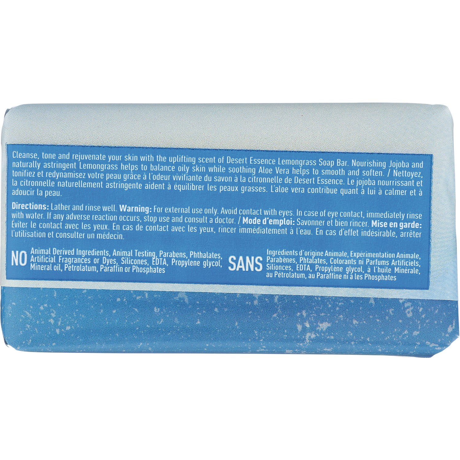 Back label of blue soap bar wrapper showing directions, warning and ingredients list including NO animal derived ingredients