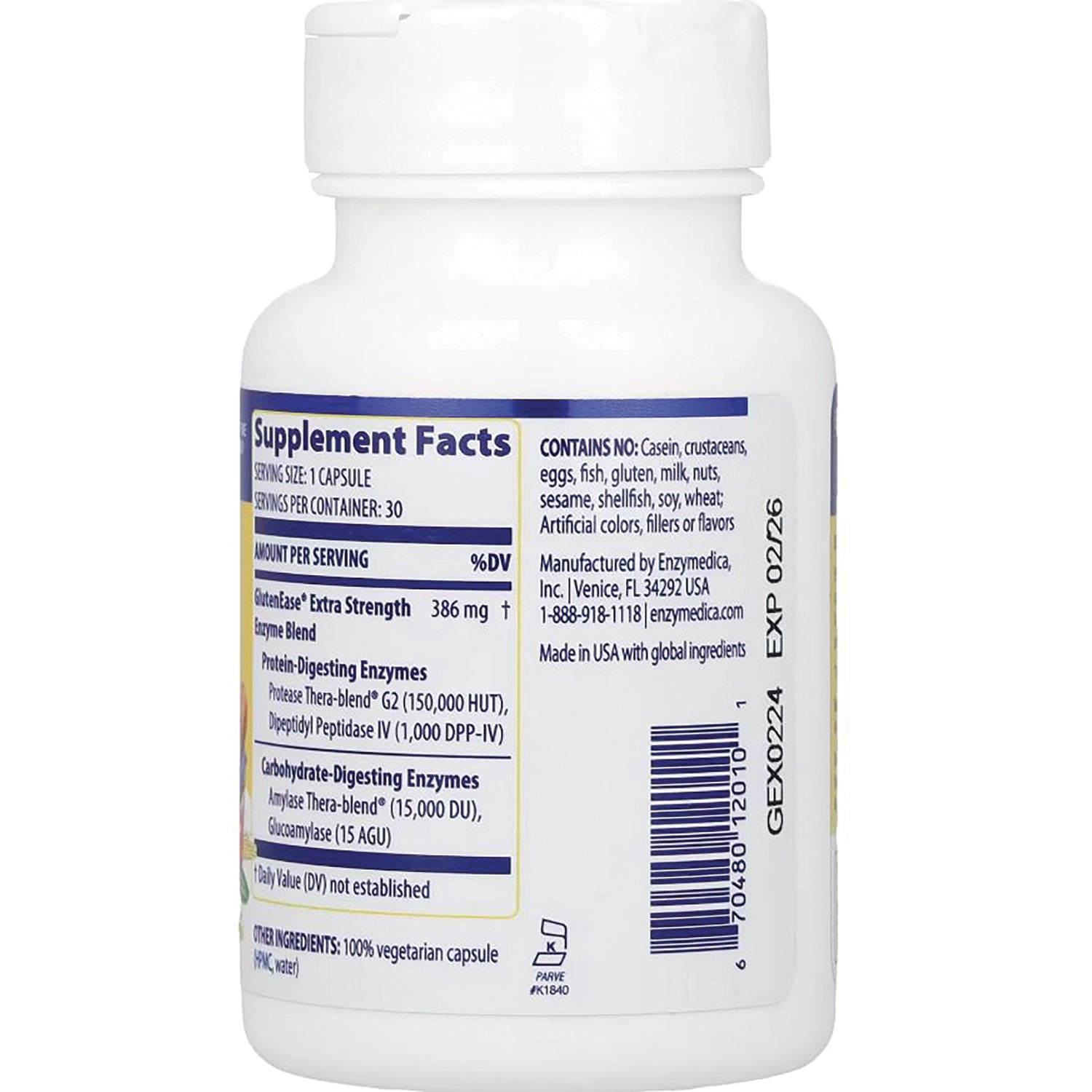 EMD045 | Back of white supplement bottle showing supplement facts panel, barcode, expiration date and manufacturer info