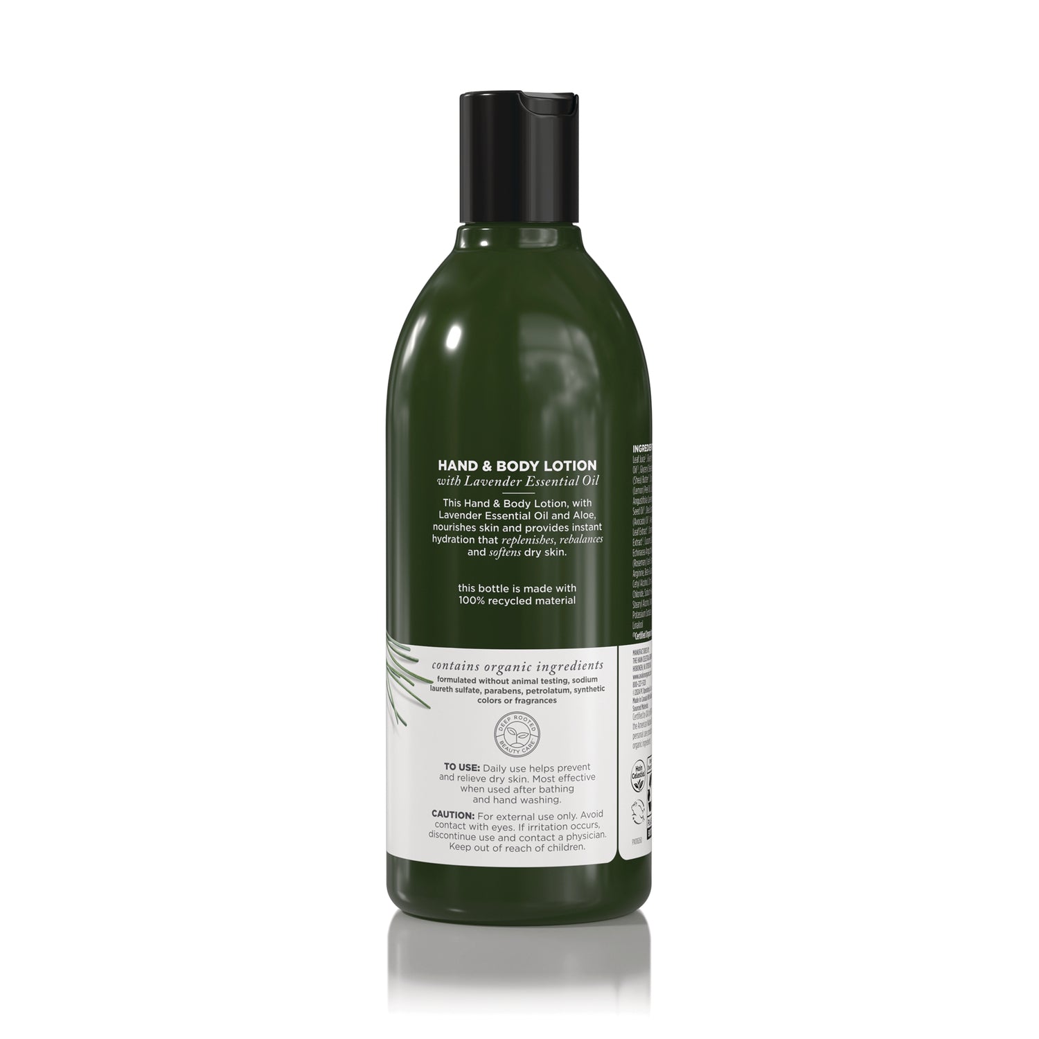AVL003 | back label of green hand and body lotion bottle showing ingredients and usage directions