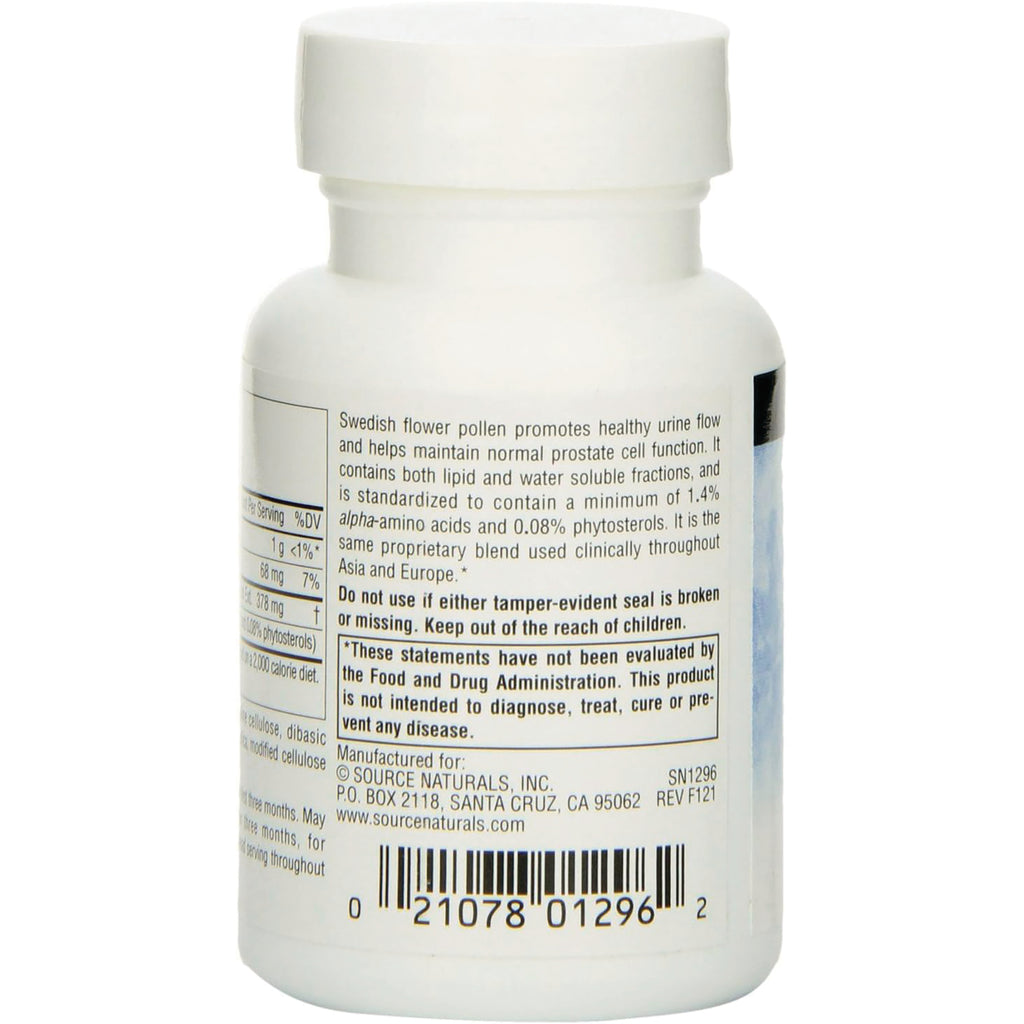 SN675 | Back label of Source Naturals Swedish flower pollen supplement with warnings, FDA disclaimer, and barcode - Thumbnail