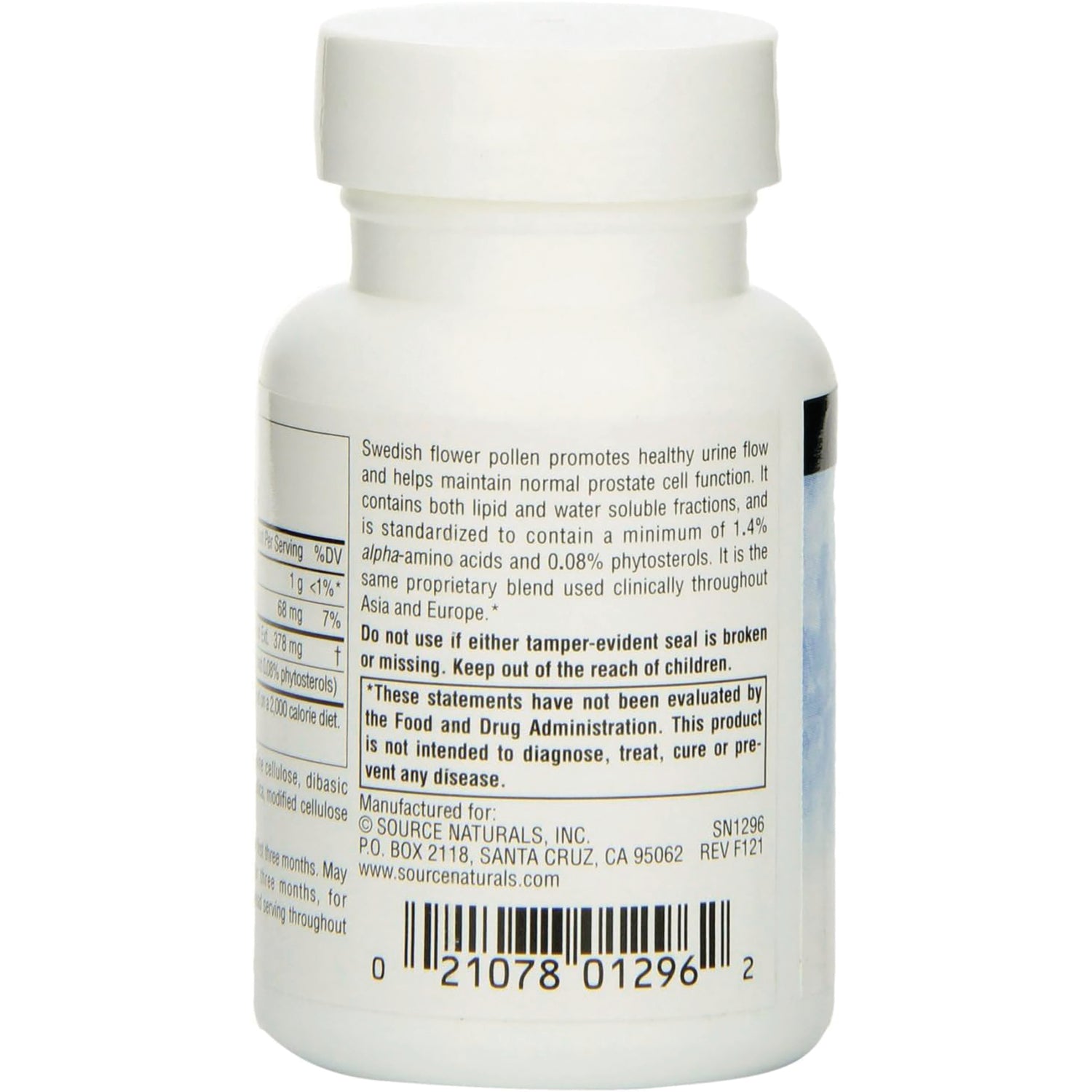 SN675 | Back label of Source Naturals Swedish flower pollen supplement with warnings, FDA disclaimer, and barcode