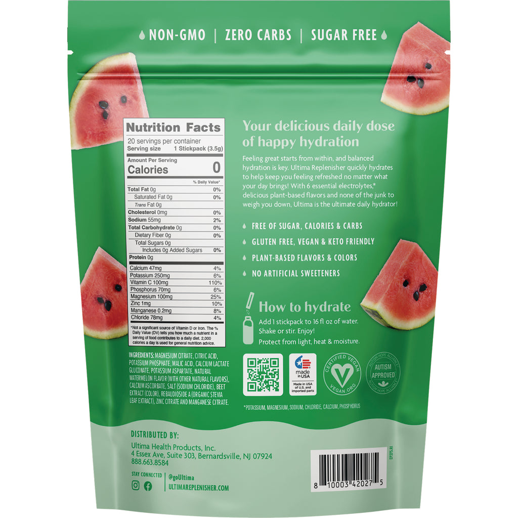 UHP026 | Back of Ultima Replenisher hydration mix pouch with Nutrition Facts, ingredients, How to hydrate, and icons - Thumbnail
