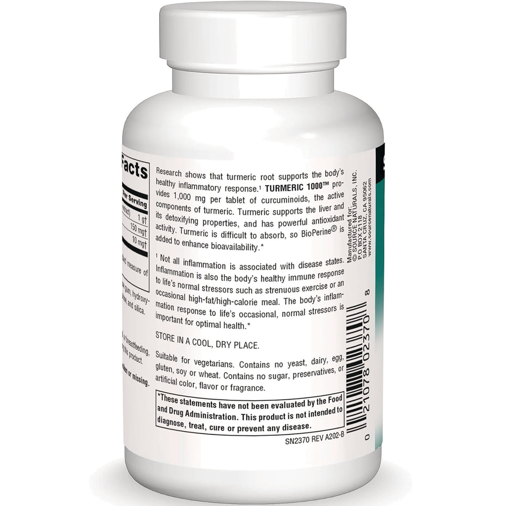 SN317 | Turmeric 1000 supplement bottle back label with Supplement Facts, ingredients text, and barcode - Thumbnail