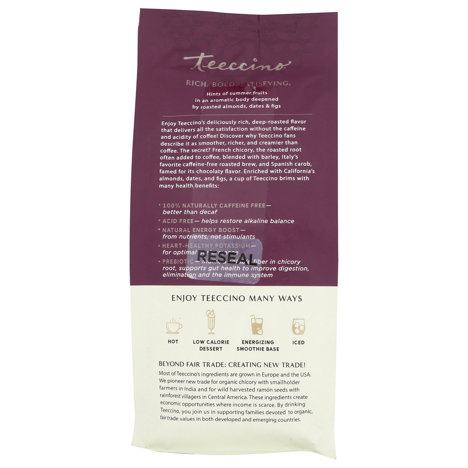 TCN009 | Back of Teeccino coffee alternative bag with product story, benefits list, and icons