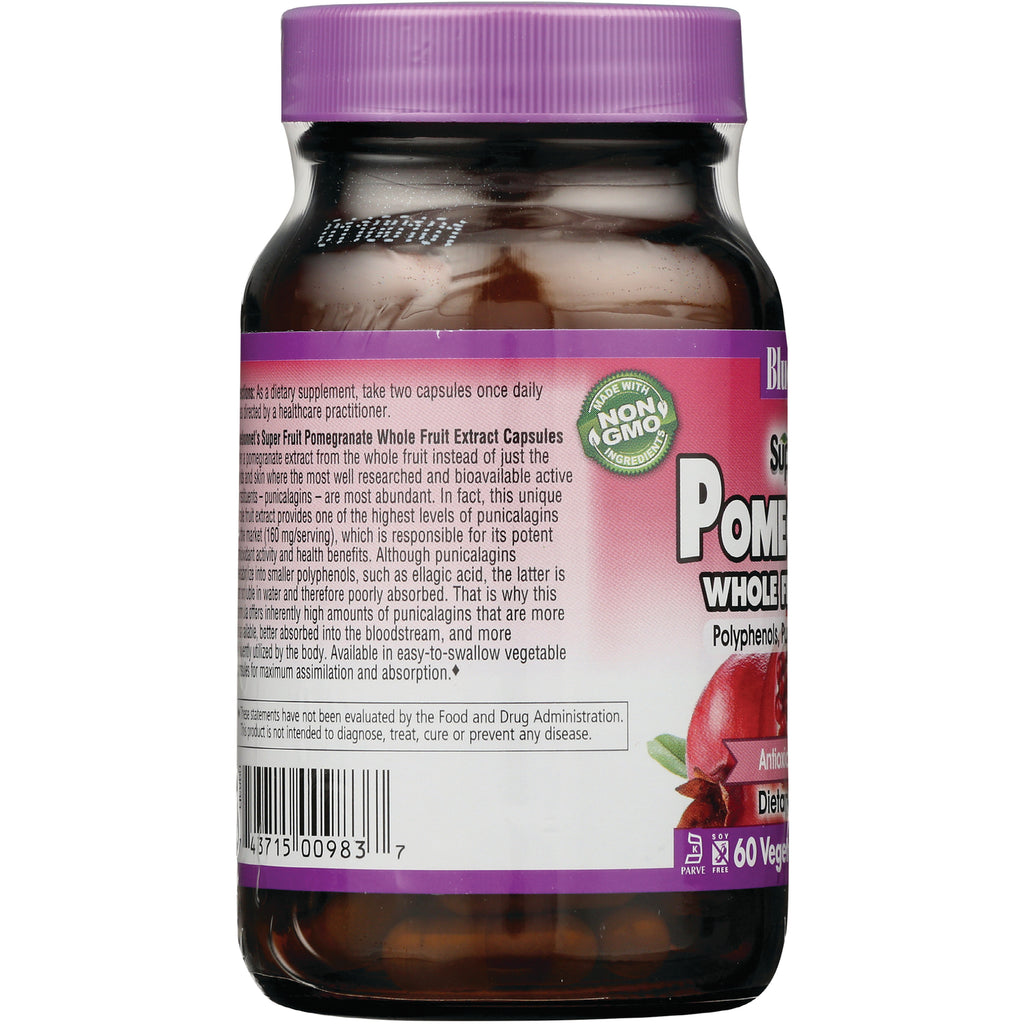 BLU119 | back label of pomegranate whole fruit extract capsules showing product text, Non GMO badge and barcode - Thumbnail