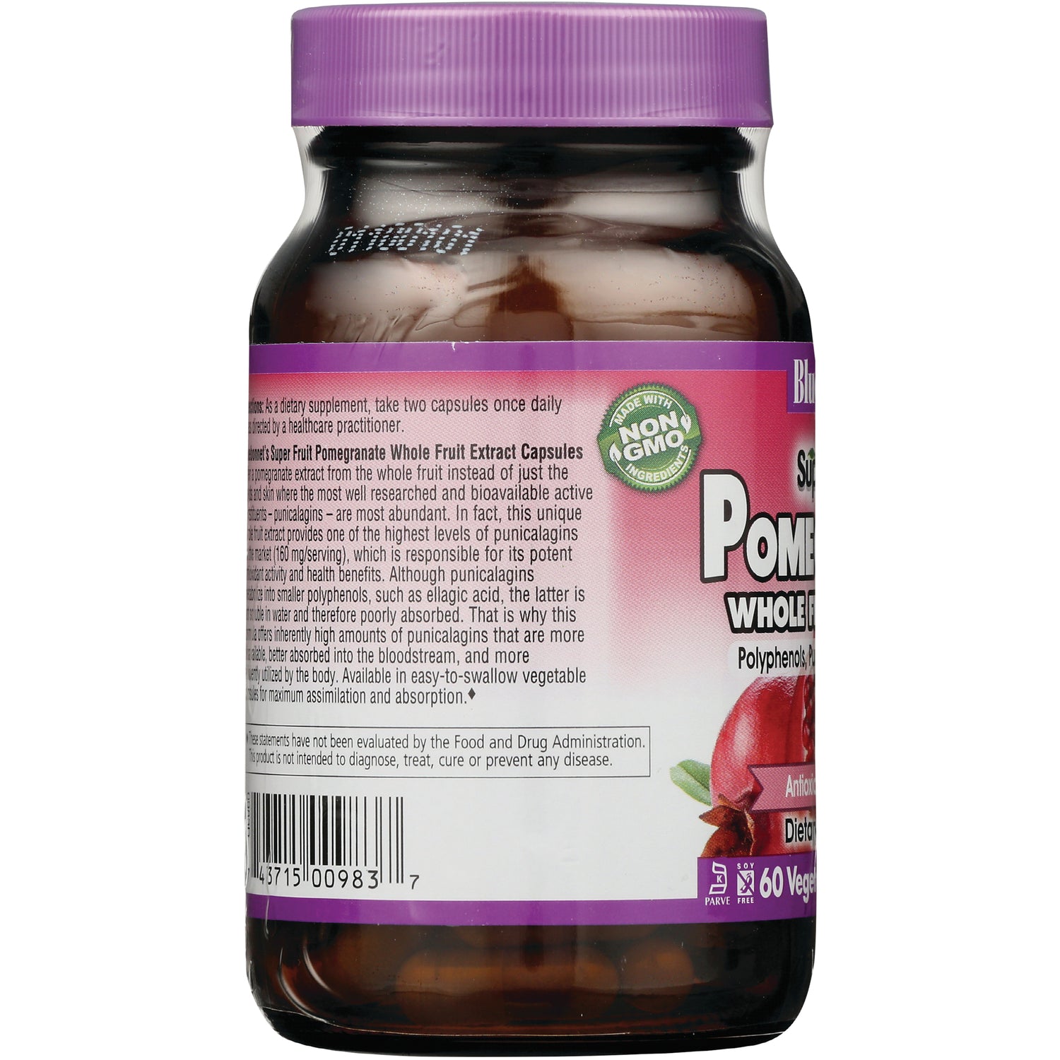 BLU119 | back label of pomegranate whole fruit extract capsules showing product text, Non GMO badge and barcode