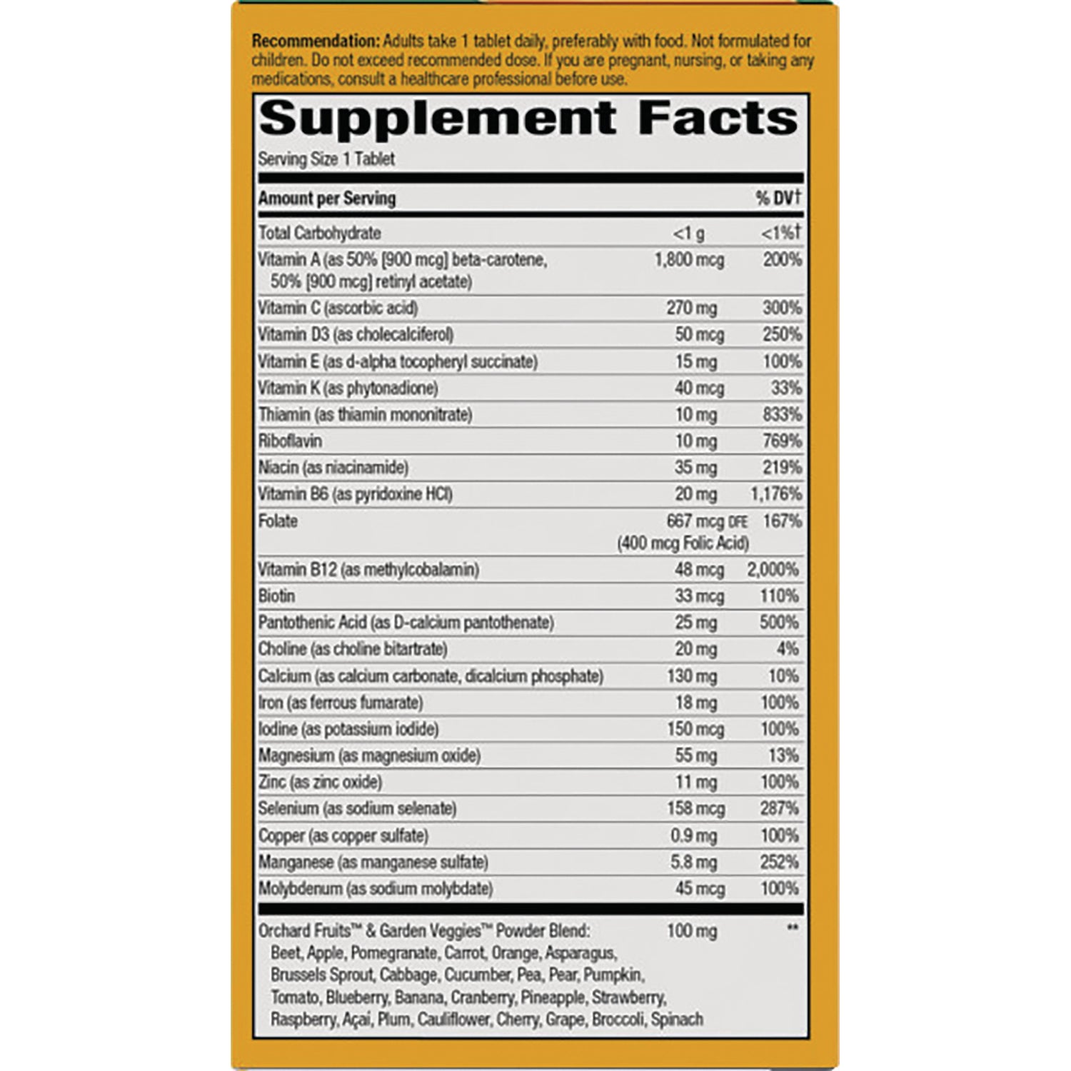 NW712 | Supplement Facts back panel showing serving size 1 tablet and vitamin and mineral amounts