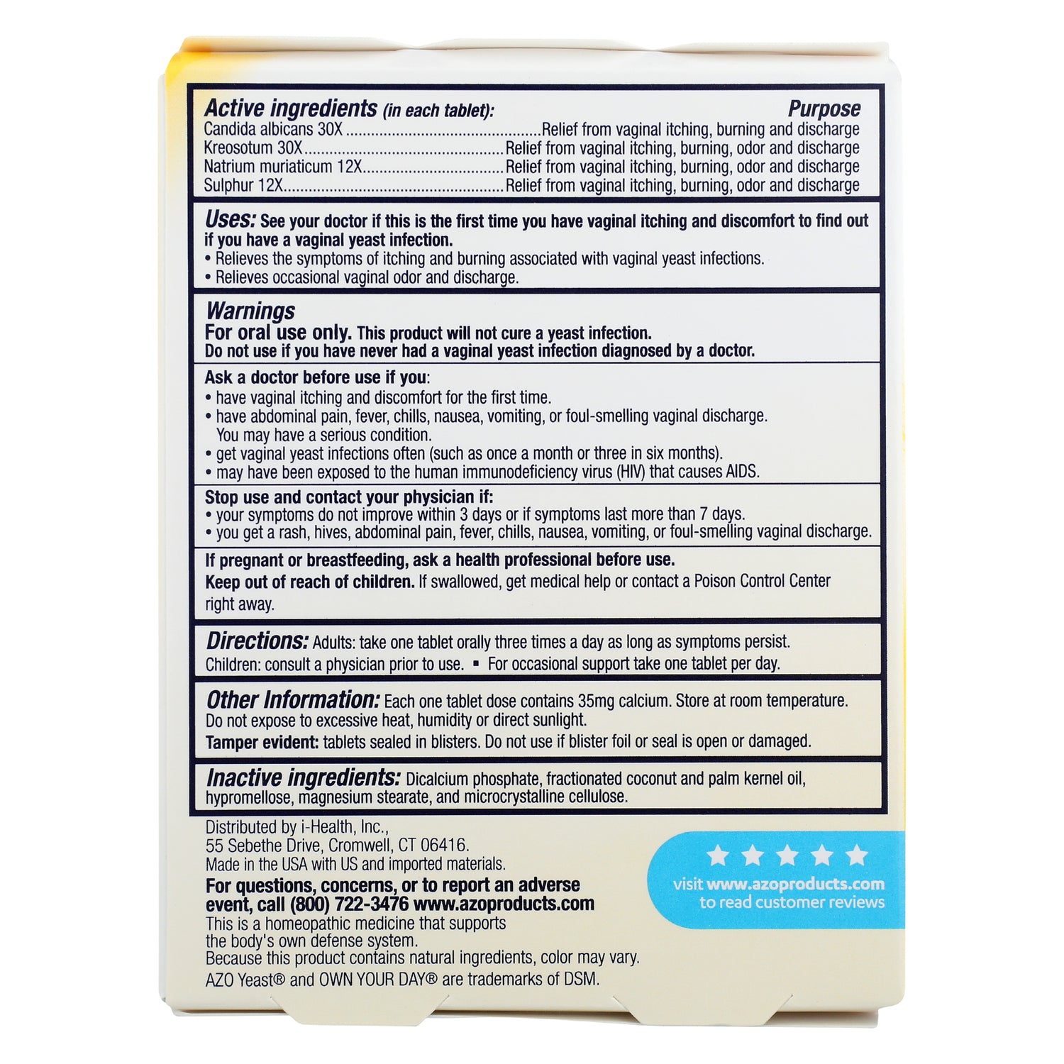 AMF001 | Back label showing active ingredients, warnings, directions and contact information