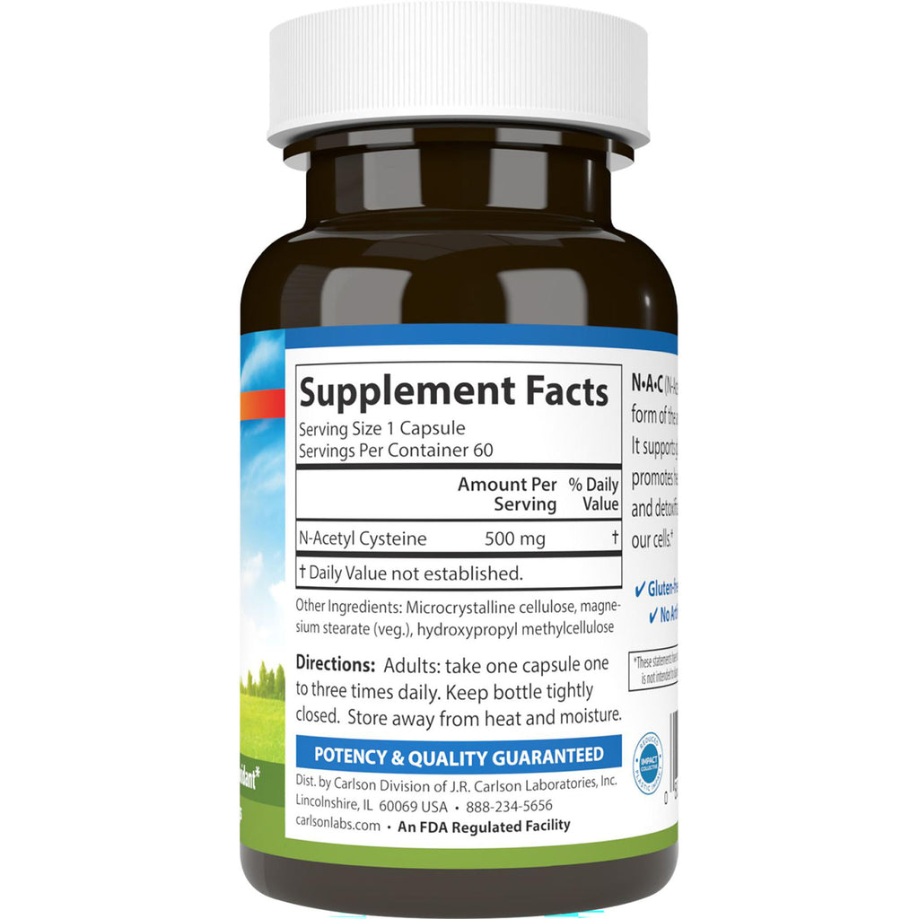 Supplement facts label on brown bottle showing N-Acetyl Cysteine 500 mg, serving size 1 capsule and usage directions - Thumbnail