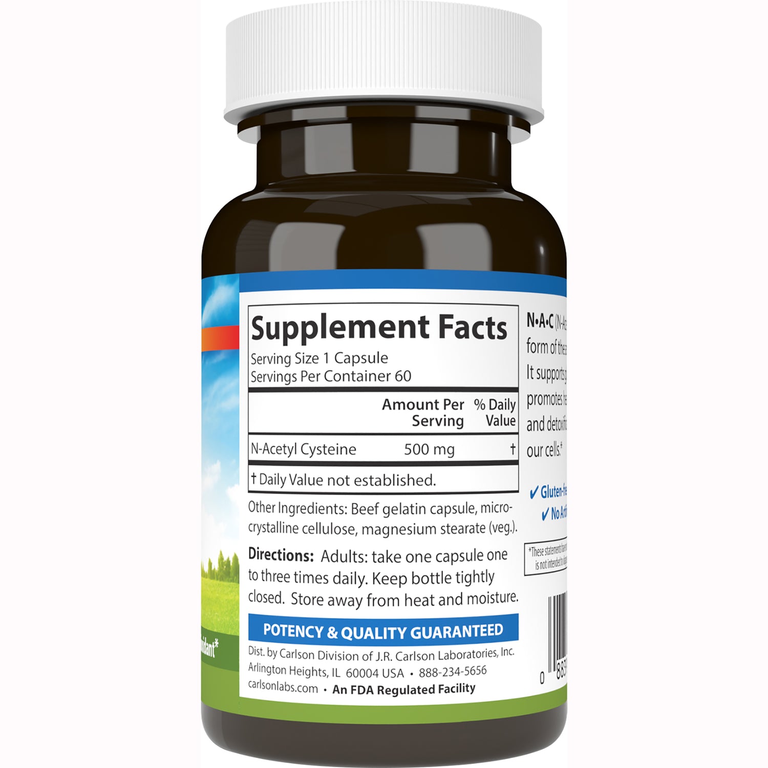 Supplement facts label on brown bottle showing N-Acetyl Cysteine 500 mg, serving size 1 capsule and usage directions